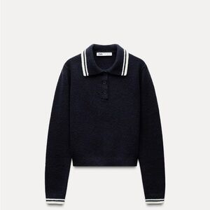 Zara Navy Polo Sweater with Contrasting Collar and Cuffs